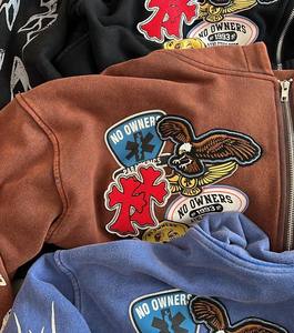 Sudadera con capucha personalizada, Jersey de algodón pesado de calidad con cremallera de doble vía, sudadera con apliques bordados desgastados - Product Image 5