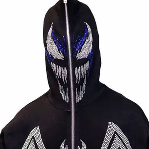 Sudadera con capucha y cremallera de cara completa para hombre con estampado de calavera y diamantes de imitación y logotipo personalizado OEM, ropa de calle hecha a medida, sudadera con capucha y cremallera de algodón polar de gran tamaño - Product Image 5