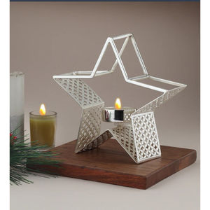 Porte-bougie décoratif créatif en métal doré en forme d'étoile sur base en bois, décoration de Noël pour la maison, ornement, cadeau en vente - Product Image 4