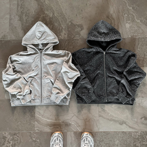 Sweat à capuche zippé pour homme, coupe classique, streetwear personnalisé, hiver, délavé à l'acide, effet soleil, molleton épais 480 g/m², strass - Product Image 3