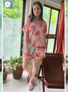 Traje de noche de verano para mujer de algodón con estampado de bloque de mano Jaipuri rojo estampado Floral Loungewear PJs y conjunto de pantalones cortos de dormir - Product Image 5