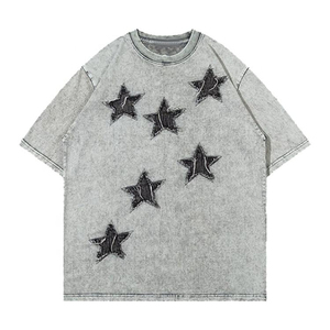 Camisetas lavadas con ácido de algodón con logotipo bordado personalizado, camiseta desgastada con parches de estrellas de gran tamaño para ropa de hombre - Product Image 1