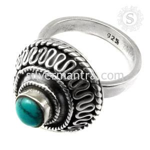 Turquoise tibétaine naturelle 925 argent Sterling oxydé forme ronde bague aspect artisan bohème bijoux faits à la main fabricant en vrac - Product Image 4