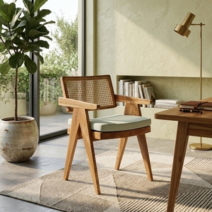 Natural Teak Wood Woven Rattan <b>Armchair</b> V Leg Chandigarh Style Cushioned Accent <b>Dining</b> Chair Outdoor Patio Setup Art Decor - Product Image 3