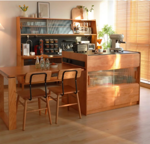 Modern North American Black Walnut <b>Dining</b> <b>Table</b> with Integrated Kitchen Island and Retractable Solid Wood Rock Plate Vanity <b>Top</b> - Product Image 5