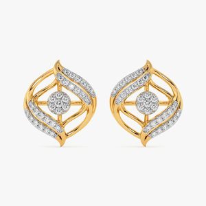 Boucles d'oreilles clous en or jaune avec diamants de laboratoire et motif feuille superposée - Product Image 1