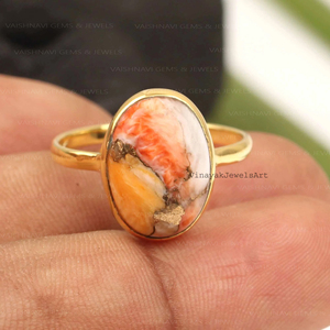 Bague en pierre précieuse turquoise et cuivre pour huître épineuse naturelle 10x14mm de forme ovale en argent sterling 925 plaqué or 18 carats Vermeil d'éternité - Product Image 3