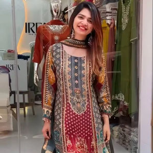 ESTAMPADO DIGITAL CON TRABAJO A MANO DE ESPEJO Y ENCAJE VAL CON TELA GOERGETTE EN TRAJE DE PALAZZO TRADICIONAL PARA MUJERES INDIAS PAKISTANI - Product Image 1