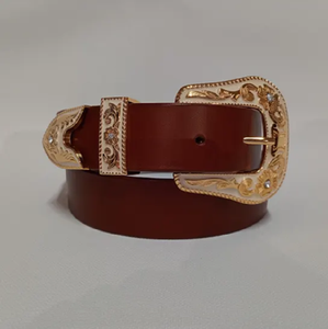 เข็มขัดหนังสีน้ำตาลเข้มสไตล์คาวบอยพร้อมหัวเข็มขัดขนาดใหญ่สีทองหรูหราและรายละเอียดประดับหมุดราคาขายส่งที่มีอยู่ - Product Image 3