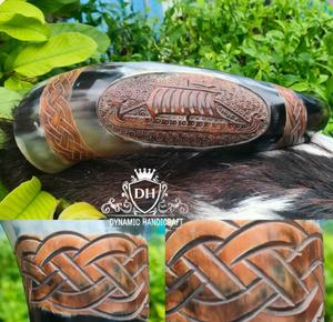 Authentic Viking Drinking Horn Handmade Natural Crafts <b>Mug</b> with Stand & Leather <b>Holder</b> - Product Image 2