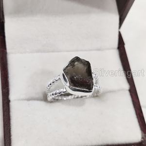 Bague pour femme en pierre brute, quartz fumé naturel, double bande torsadée, en argent sterling 925, pour mariage et Noël - Product Image 5