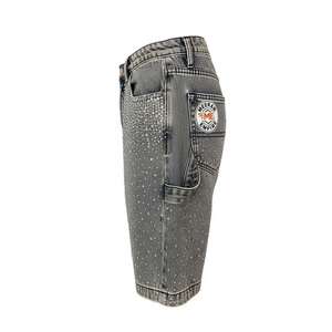 Custom 2025 Oversized Acid Wash Diamond Crystal Denim Shorts Jeans Streetwear Rhinestone Baggy Shorts Men - Product Image 5