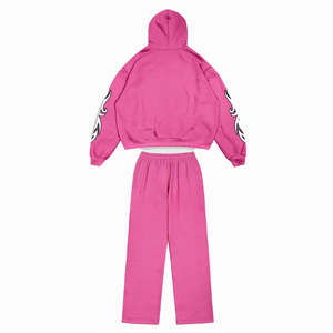 2026 Custom Unisex Winter Tracksuit <b>Zip</b>-Up Hoodie <b>Sweatshirt</b> Drawstring Waist Loose Pants Solid Casual 100% Cotton - Product Image 2