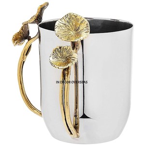 Most Fancy Unique Designer Superior Quality Metal Hammered Texture Silver Shiny Polished Drinkware <b>Mug</b> With Golden Unique Handle - Product Image 6