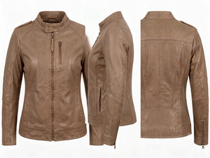 Custom Women Light Brown Mud color Sheep Nappa Leather Moto Biker Jacket Antique Brass Hardware Tassel Zipper <b>Puller</b> Slim Fit - Product Image 3