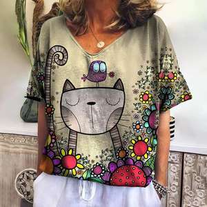 Cartoon <b>Cat</b> <b>T</b> Shirt For Women Summer V-neck Short Sleeve Tee Fashion Female Clothing Street wear Women's <b>T</b>-shirt - Product Image 2