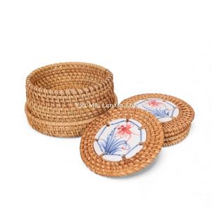 Sustainable Handmade Bohemian Style Natural Rattan Coaster <b>Set</b> with Tray Made From Eco Friendly Material Made Vietnam for Home - Product Image 3