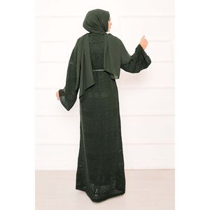 Robe décontractée kaki en maille ajourée à motif Baklava, coupe ample trapèze, taille élastique avec boutons décoratifs pour la saison automne/hiver - Product Image 4