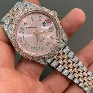 Montre de luxe bicolore or rose sertie de moissanite avec cadran rose, chiffres arabes en diamant, bijoux hip-hop - Product Image 1