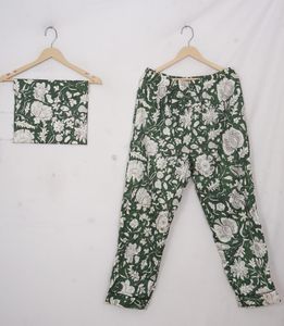 ชุดนอนพิมพ์ลายบล็อกด้วยมือสีเขียวชุดนอนพิมพ์ลายดอกไม้สีเขียว - Product Image 3