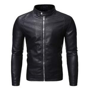 Veste en cuir pour hommes, couleur unie, avec col montant et logo sur le devant - Product Image 1