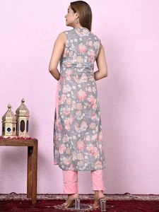 Conjunto de Kurta y Pantalón para Mujer, Estilo Simple y Elegante, Color Gris Sólido, Algodón con Bordado, Cuello Mandarín, Corte en A, Sin Mangas, Lavable a Máquina, Ramas - Product Image 5
