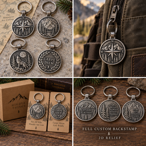 Ensemble de porte-clés boussole vintage personnalisé en alliage de zinc, design rond en relief Loup Montagne Carpe Diem, fait main, objet d'art de collection, OEM ODM - Product Image 2
