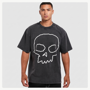 Camiseta Larga de Algodón 100% con Estampado de Calaveras, Estilo Vintage, Lavado Ácido, para Hombre, Ecológica, 240 GSM, con Hombros Caídos - Product Image 1