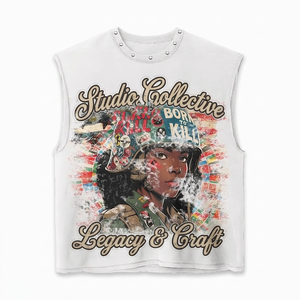 เสื้อยืดผู้ชายผ้าฝ้าย 100% ทรงหลวม พิมพ์ลาย น้ำหนัก 240 GSM ผ้าฝ้ายหนานุ่ม สีดำวินเทจ เสื้อยืดแขนกุด พิมพ์ลายกราฟิกตามสั่ง - Product Image 6