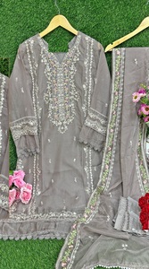 New Pakistani Original Designer Embroidery Kurtis with <b>Silk</b> Stitch Pent and <b>Organza</b> Dupatta Suit for Online Sale - Product Image 2