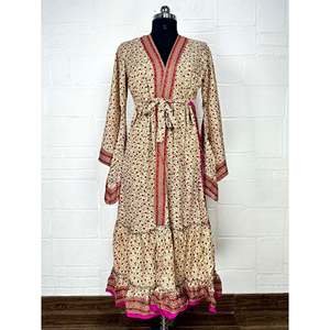 Recycled Vintage Silk Sari <b>Robe</b> Boho Floral Print Dressing Gown <b>Beach</b> Coverup or Bridesmaid Anniversary Gift - Product Image 1