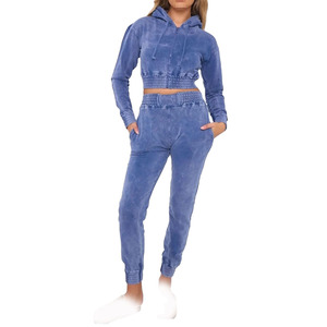 Ensemble de survêtement d'hiver pour femme, nouveau modèle 2026, sweat-shirt court et short en denim délavé personnalisé, motif uni - Product Image 1