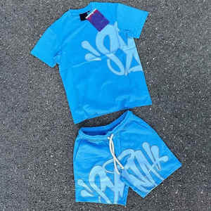 Personalizado de alta calidad Hip Hop transpirable cordón hombres Streetwear gráfico impreso chándal camiseta pantalones cortos conjunto de dos piezas - Product Image 1