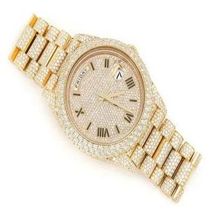 Hip Hop personnalisé ton or en acier inoxydable rond Moissanite diamant fabriqué jour Date fonction glacé montre pour hommes et femmes - Product Image 1