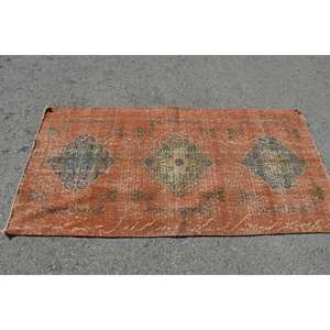 Vintage 29 'X 57' Orange & bleu tapis en laine turque tissage plat Patchwork Design pour décorations de salon support en Latex - Product Image 3