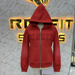 Sudadera con capucha con cremallera hecha en fábrica y de calidad pura, chaqueta con cremallera y diamantes de imitación, lavado ácido, Vintage, lavado, ropa de calle de lana para hombre, Sudadera con capucha - Product Image 3