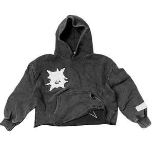 Logo personnalisé délavé à l'acide vintage coton vieilli brodé Patchwork recadrée pull sans ficelles hommes couper et coudre des sweats à capuche - Product Image 2