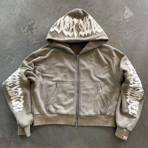 Ensemble de survêtement unisexe personnalisé OEM en coton imprimé délavé à l'acide, avec pantalon de jogging évasé brodé et sweat à capuche zippé - Product Image 4