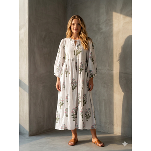 Vintage Sage Pink Floral Cotton Maxi <b>Dress</b> Hand-Block Inspired Boho Style <b>Elastic</b> Waist Breathable Summer ODM <b>Dress</b> for Leisure - Product Image 1