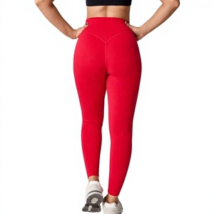 High Waist Full Length Yoga <b>Leggings</b> Solid Red Spandex/Polyester Four-Way Stretch Breathable Quick Dry Eco-Friendly Elastic - Product Image 2