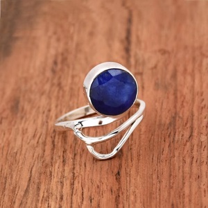 Bague saphir en argent sterling 925 ronde bague en pierres précieuses bleues Boho bijoux faits à la main cadeau pour les femmes - Product Image 2