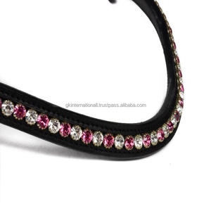 Best Selling Wave Shape Leather Horse Brow Band with Padding & <b>Stitching</b> Decorative 1 Row pink and clear <b>Crystals</b> Rhinestones - Product Image 6
