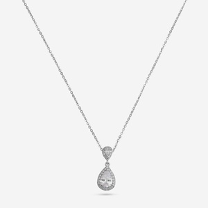 Pendentif en argent 92,5 plaqué rhodium, forme goutte d'eau, serti clos, orné de zircon, diamant et perle, pour mariage et fiançailles - Product Image 1