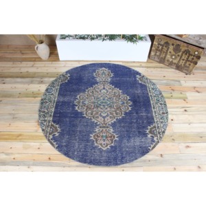 Alfombra Turca, Alfombra Redonda Vintage de 5.9x5.9 pies, Alfombra Geométrica Azul Beige - Product Image 1