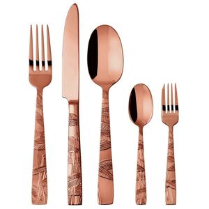 Lot de 5 couverts élégants en acier inoxydable or rose design à l'aspect rugueux avec poignées style américain moderne fantaisie en acier inoxydable - Product Image 1