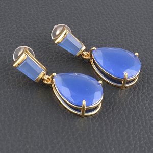 High Quality Faceted Cut Blue Chalcedony Double Stone studded <b>Drop</b> <b>Earring</b> Brass <b>Gold</b> Plated Cocktail Statement Dangle <b>Earrings</b> - Product Image 2