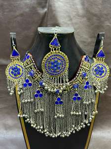 Traditional Afghan Kuchi Tribal Jewelry Set Handmade Ethnic <b>Necklace</b> & Earrings with Colorful Glass Inlay <b>Coins</b> for Weddings - Product Image 6