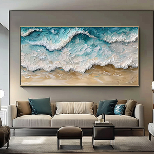 Grande <span class=keywords><strong>Dipinto</strong></span> Panoramico Fatto a Mano su <span class=keywords><strong>Tela</strong></span>, Onde Blu del <span class=keywords><strong>Mare</strong></span>, Pittura in Gesso Moderna, Dipinti di Paesaggi Marini 3D Testurizzati - Product Image 2