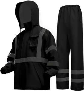 Veste et pantalon de pluie réfléchissants pour hommes et femmes, équipement de pluie imperméable avec doublure en maille intérieure et poche, noir - Product Image 1