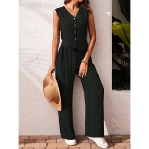 Ensemble deux pièces pour femme, chemisier et pantalon Aerobin sans manches à col en V, 36156 - Noir - Product Image 1